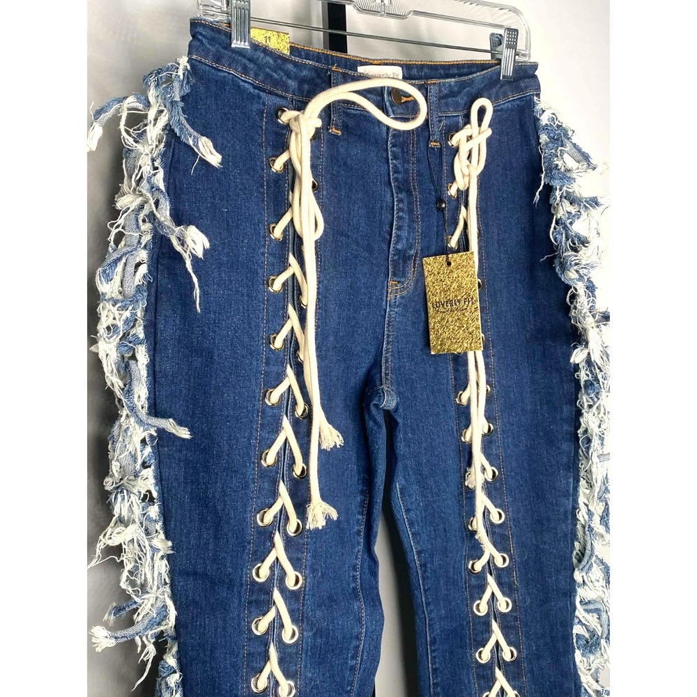 Loverly Fit jeans women's size 11 dark wash Fringe front‎ tie straight High Rise - Picture 2 of 7